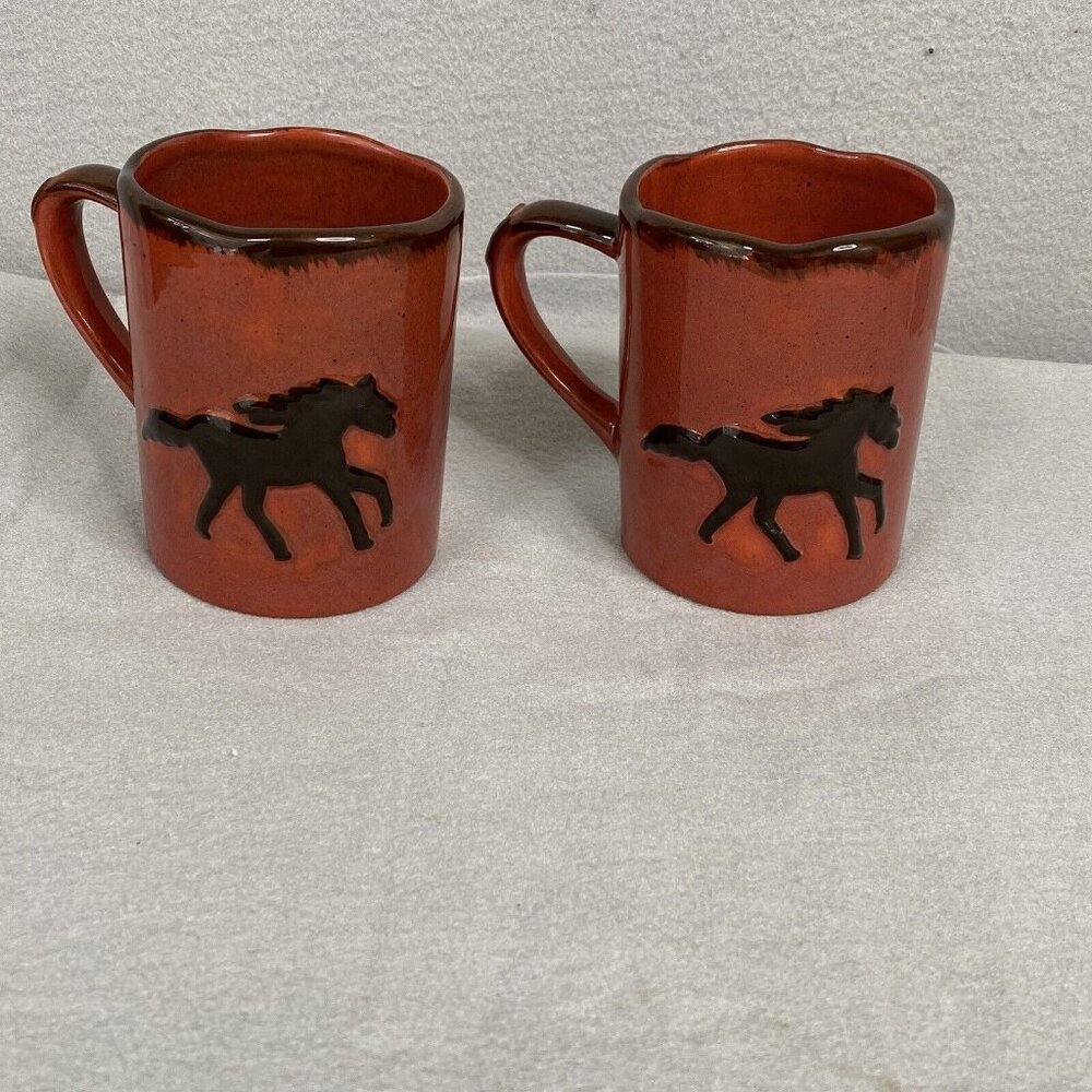 Rommel Nueva For Saparna Horse Mugs Set Of 2 Brown Handpainted Pottery Glazed